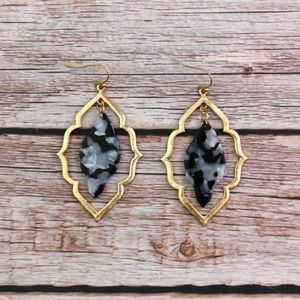 New Gold Black Gem Stone Drop Large Statement Earrings